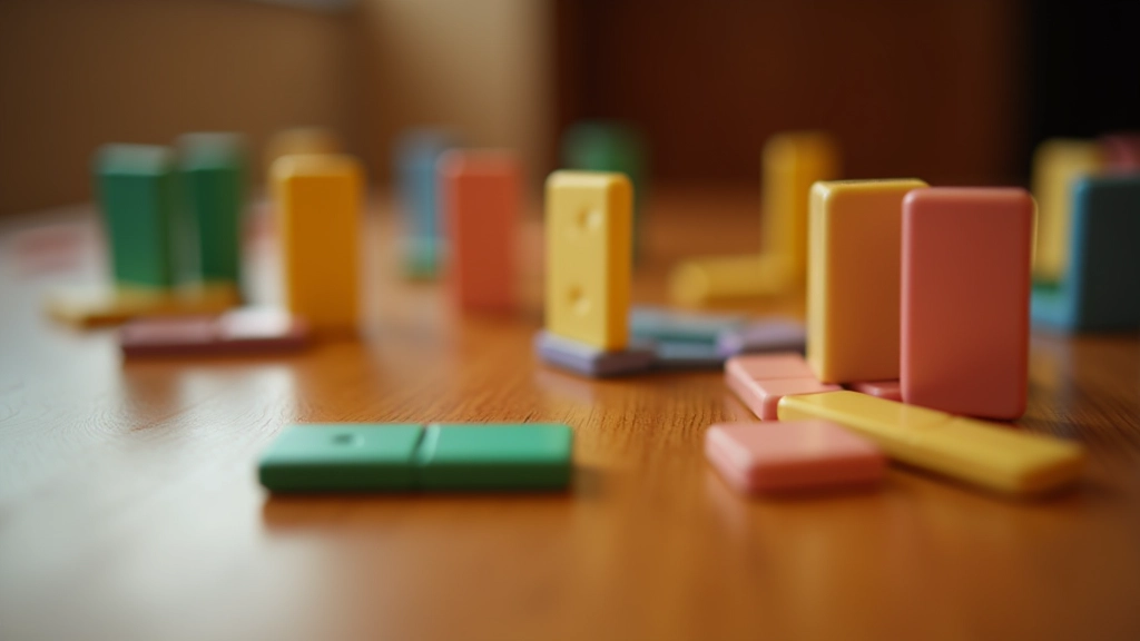 Close-up of colorful domino tiles arranged on a wooden playing surface